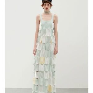 BEVZA - SLEEVELESS SQUARE TEXTURED MAXI DRESS - MULTI cream and green conceptual